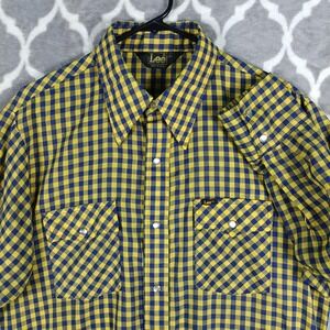 VTG Lee Western Shirt Men Large Blue Yellow Gingham Snap Long Point Rockabilly